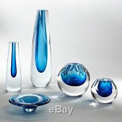 11 Tall Vase Square Cut Hand Blown Glass Thick Layered Cobalt Blue