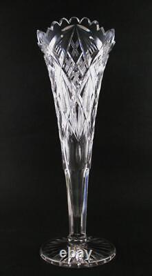 12 Tall TRUMPET Vase Antique BRILLIANT Cut Glass Crosshatch, Zipper & Fan