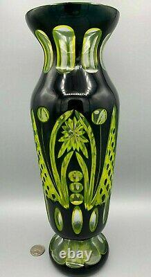 14 Bohemian Czech Haida Cut Glass Blk Yellow Clear Vase Art Deco Carl Schappel