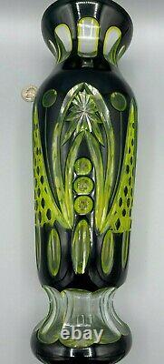 14 Bohemian Czech Haida Cut Glass Blk Yellow Clear Vase Art Deco Carl Schappel