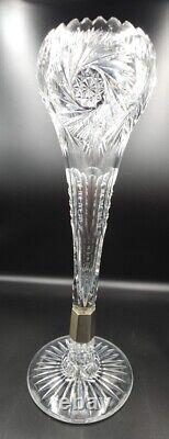 14 Brilliant Period Cut Sawtooth Crystal Trumet Vase C. 1900 With Metal Cuff