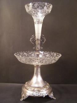 1800's Silver Bride Basket Cut Etch Glass Figure Epergne Center Piece Vase Bowl
