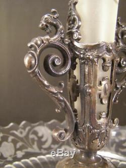 1800's Silver Bride Basket Cut Etch Glass Figure Epergne Center Piece Vase Bowl
