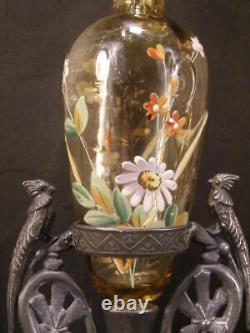 1800's Silver Parrot Figure Moser Bohemian Cut Glass H-PAINTED Enamel Bud Vase