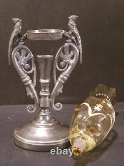 1800's Silver Parrot Figure Moser Bohemian Cut Glass H-PAINTED Enamel Bud Vase