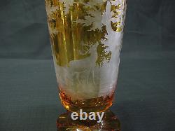 1880s Antique Amber Bohemian, Czech Cut Glass Vase Engraved Deer & Trees