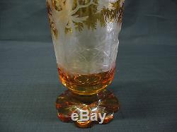 1880s Antique Amber Bohemian, Czech Cut Glass Vase Engraved Deer & Trees