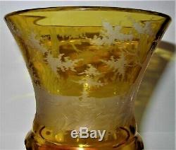 1900's Antique Bohemian YellowithAmber Cut to Clear Glass Large Glass