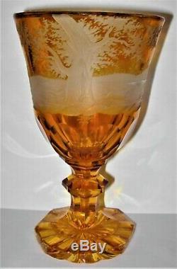 1900's Antique Bohemian YellowithAmber Cut to Clear Glass Large Vase