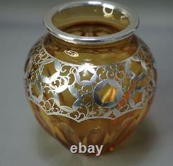1930 Art Deco Moser Czech Bohemian Cut Crystal Glass Vase Silver Overlay Collar