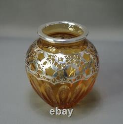 1930 Art Deco Moser Czech Bohemian Cut Crystal Glass Vase Silver Overlay Collar