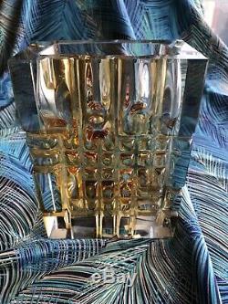 1960s Mid Century Exbor Czech Cut Glass Rectangular Vase Gold BRUTALIST LOOK