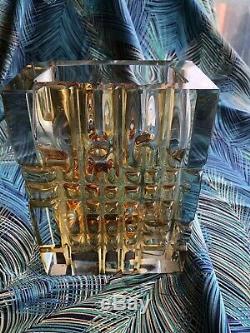 1960s Mid Century Exbor Czech Cut Glass Rectangular Vase Gold BRUTALIST LOOK