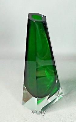 1960s Vintage MCM Murano Sommerso Flavio Poli Faceted Cut Green Glass Vase