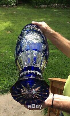 19 1/2 Moser Palda Czech Bohemian Art Cut Glass Blue to Clear Vase