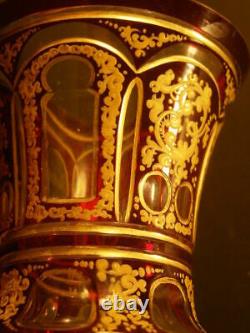 19 c Bohemian Biedermeier Moser Cut to Clear Gold Gilt Panel Enamel Glass Vase