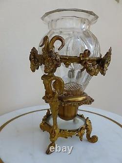 19th C French Cut Glass Vase W Heavy Dore Bronze Mount Of Satyrs