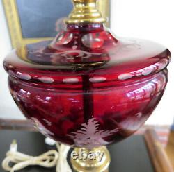 2 Antique Bohemian Egermann cranberry cut to clear classical table lamps marble
