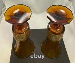 2 Antique Moser Art Glass Cut Paneled & Gold Encrustrd Warriors Vase 10'' Signed