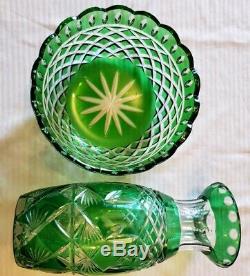 2 Bohemian Czech Emerald Green Cut To Clear Crystal Items-10 1/4 Vase & 8 Bowl