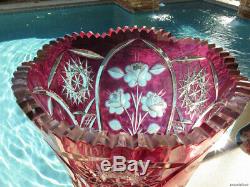 2 Huge Vintage Ruby Red Glass Bohemian Cut Clear Crystal Vase Centerpiece Bowl