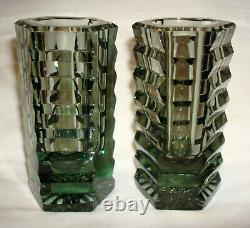 2 Vintage Moser Green Smokey Smoked Art Deco Cut Glass Stair Step Mini Vases