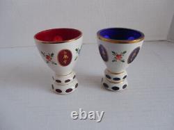 2x Vintage Bohemian White Overlay Cut to Cranberry Glass Vase or Cup 3 3/4