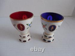 2x Vintage Bohemian White Overlay Cut to Cranberry Glass Vase or Cup 3 3/4