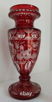 3 Pcs Antique Egermann Ruby Red Cut To Clear Pedestal Vase & Candle Sticks