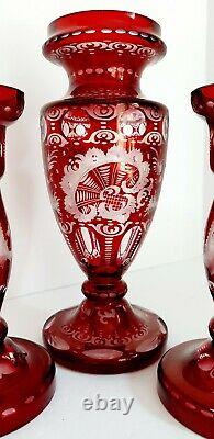 3 Pcs Antique Egermann Ruby Red Cut To Clear Pedestal Vase & Candle Sticks