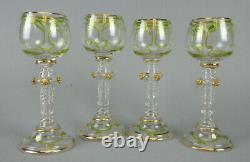 4 Bohemian Art Nouveau Wine Glasses Goblets With Prunts Moser Cut Glass Details