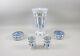 5pc Set Of Moser White Cased Cut To Stone Blue Art Glass Vase, Ashtrays, Matches