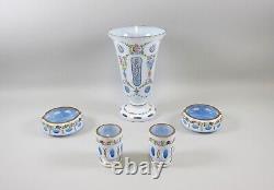 5pc Set of MOSER White Cased Cut to Stone Blue Art Glass Vase, Ashtrays, Matches