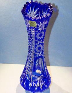 8 CAESAR CRYSTAL Blue Vase Hand Cut to Clear Overlay Czech Bohemian Cased