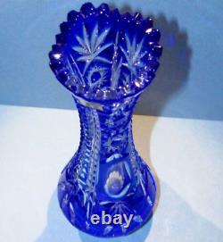 8 CAESAR CRYSTAL Blue Vase Hand Cut to Clear Overlay Czech Bohemian Cased