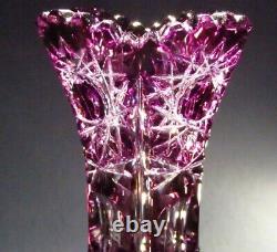 8 CAESAR CRYSTAL Purple Vase Hand Cut to Clear Overlay Czech Bohemian Cased
