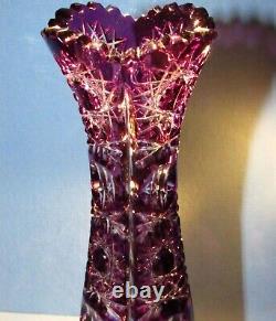 8 CAESAR CRYSTAL Purple Vase Hand Cut to Clear Overlay Czech Bohemian Cased