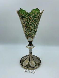 999864 Tall White Over Emerald Glass Vase With Painted Lady & Gold Filigree