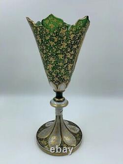 999864 Tall White Over Emerald Glass Vase With Painted Lady & Gold Filigree
