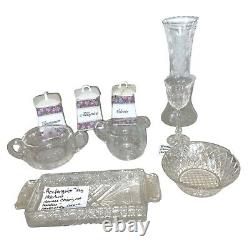 9 Items Cut Glass Pressed Tray Sugar Creamer Goblet Vase Bowl Ceramic Jars Vinta