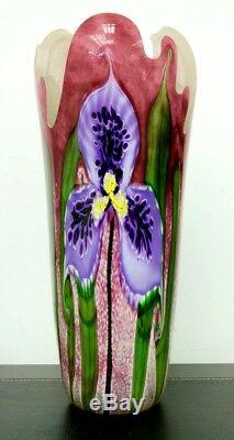ABELMAN 2000 Modern Studio Art Three Orchid Iris Flowers Cut Glass Vase, Apr 16H