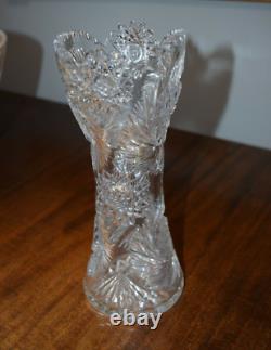 ABP American Brilliant Cut Glass Corset Pinwheels Hobstars Clear Vase Antique