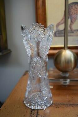 ABP American Brilliant Cut Glass Corset Pinwheels Hobstars Clear Vase Antique