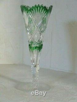 ABP American Brilliant Cut Glass Dorfinger Green Cut To Clear Trumpet Vase