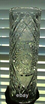 ABP American Brilliant Cut Glass Large Brilliant Hobstar Cylinder Vase