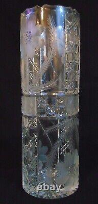 ABP Brilliant Cut Glass Crystal Cylinder Vase Copper Wheel Flowers 12