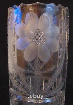 ABP Brilliant Cut Glass Crystal Cylinder Vase Copper Wheel Flowers 12