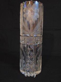 ABP Cut Glass Cylinder Vase Copper Wheel Flowers 12