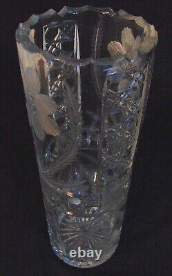 ABP Cut Glass Cylinder Vase Copper Wheel Flowers 12