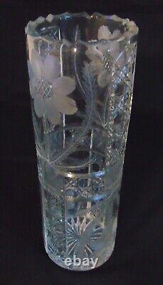 ABP Cut Glass Cylinder Vase Copper Wheel Flowers 12